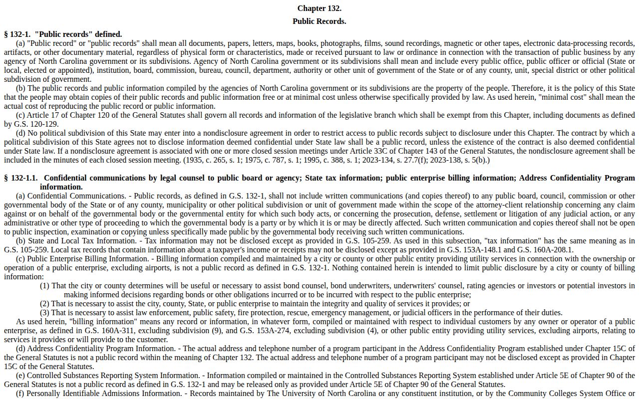 North Carolina General Statutes Chapter 132 public records law