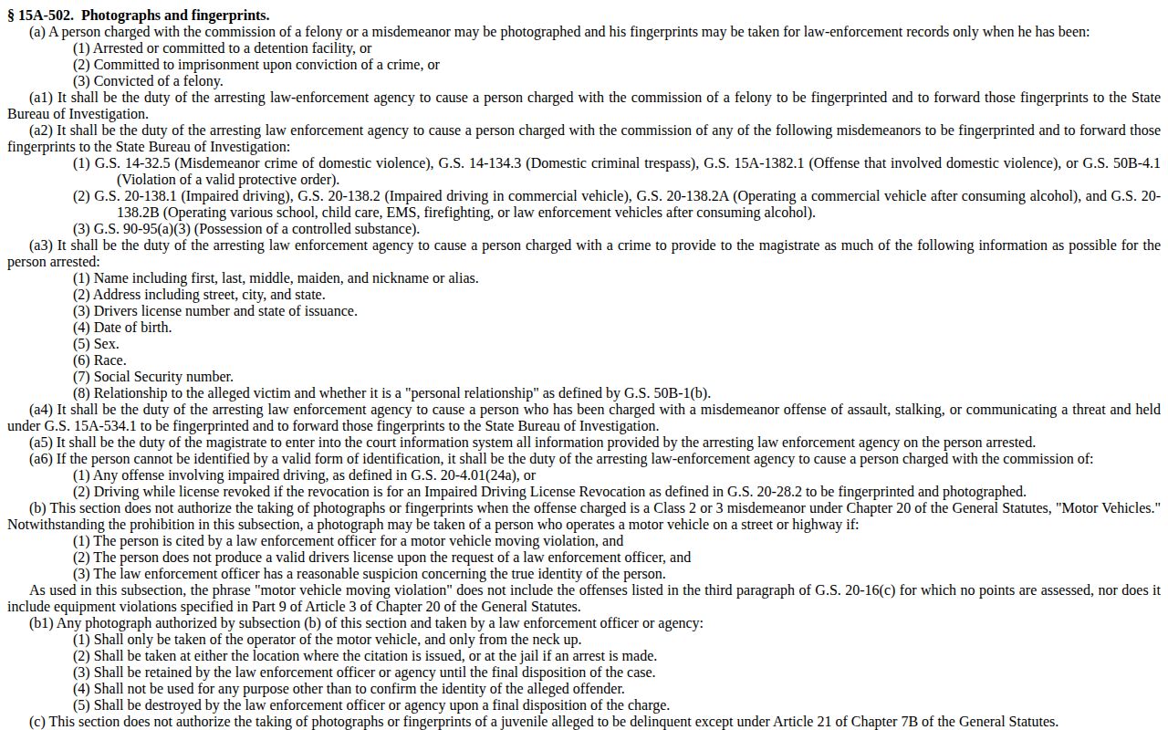 North Carolina statute authorizing identification photographs after certain charges