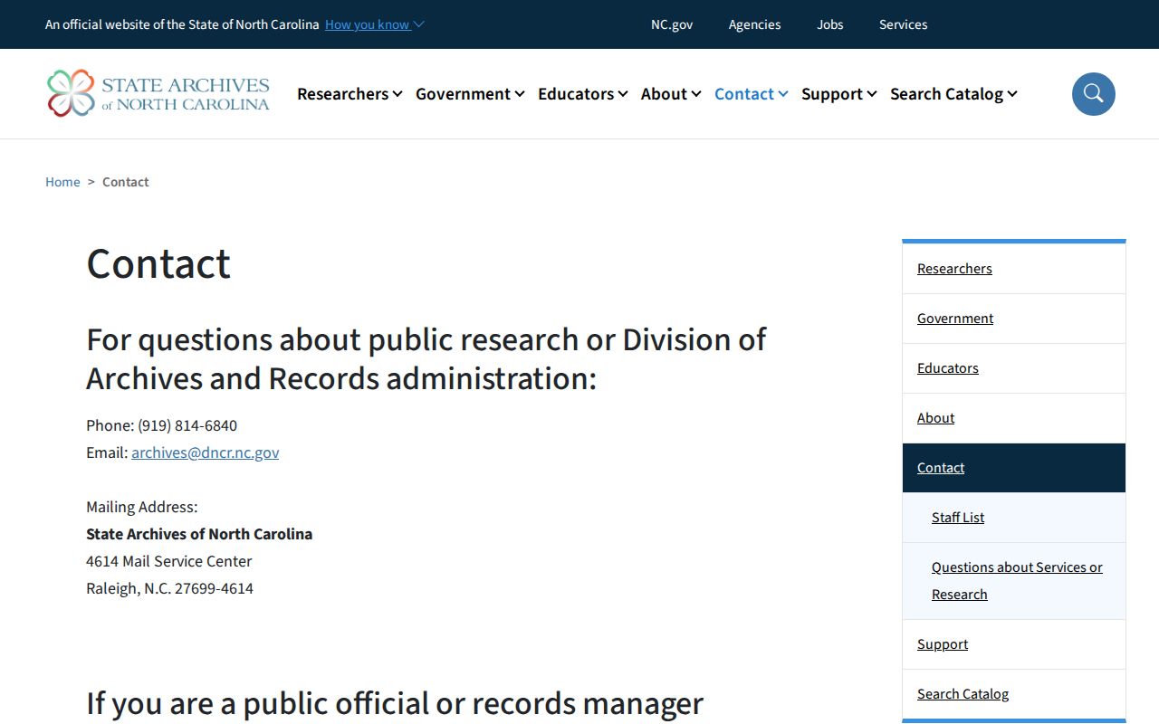 State Archives of North Carolina contact page for older record research