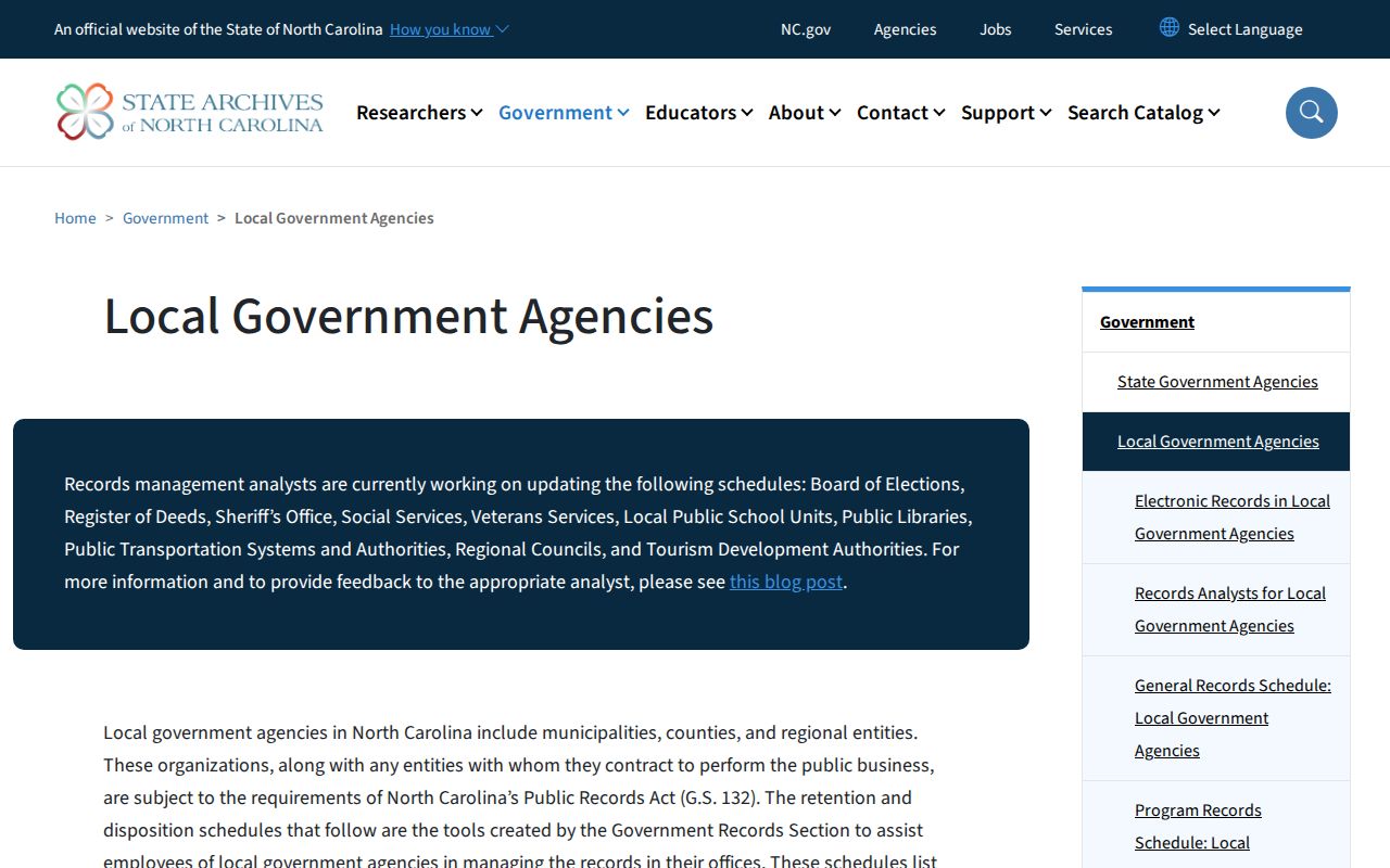 North Carolina Archives local government records schedules page